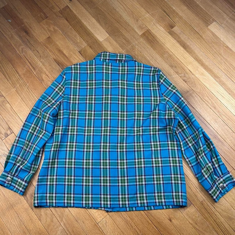 90s teal blue and green plaid long sleeve button up flannel - Picture 2 of 2